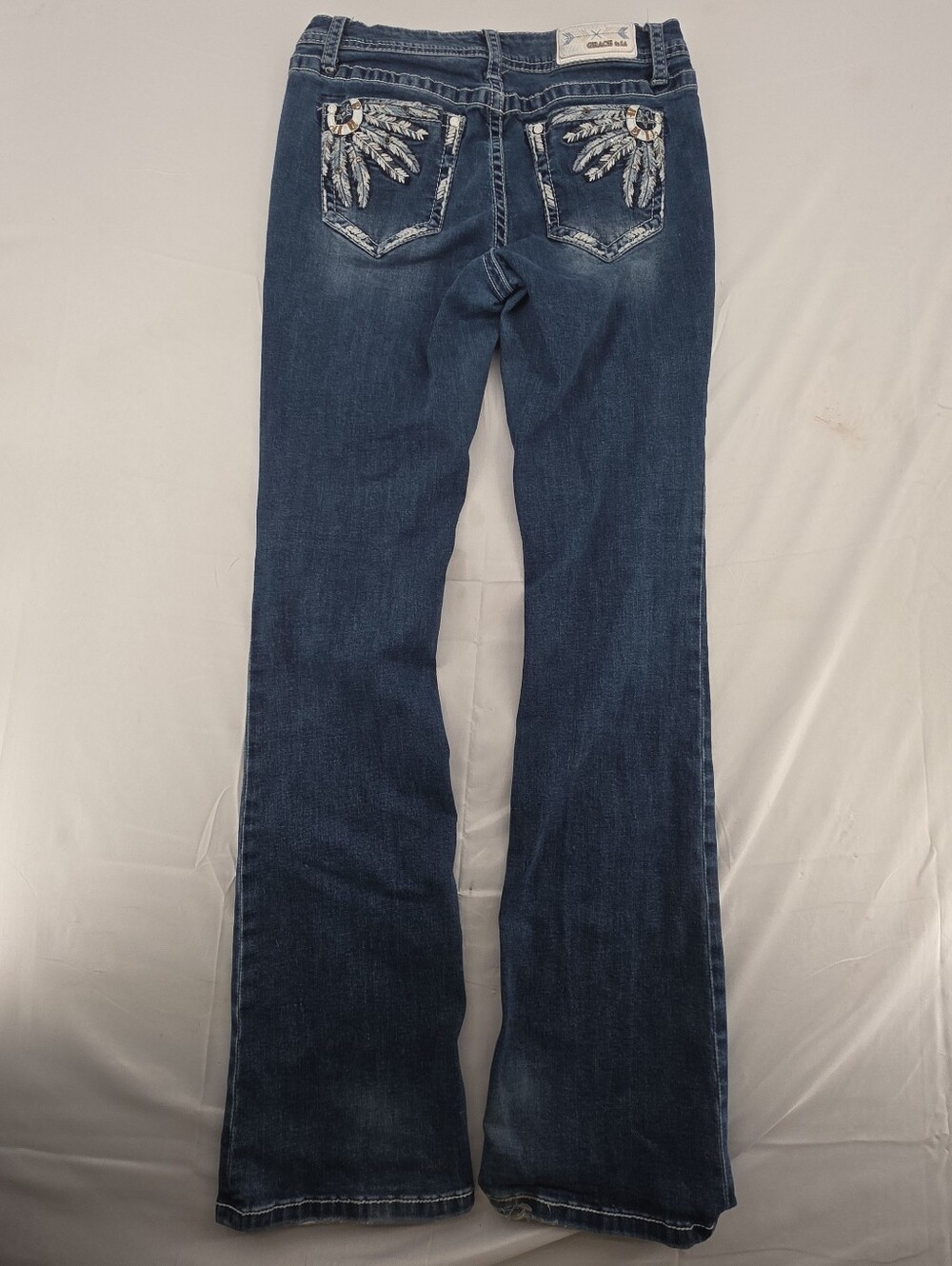 Grace in LA Women's Western Feather Embroidered Bootcut Jeans EUC